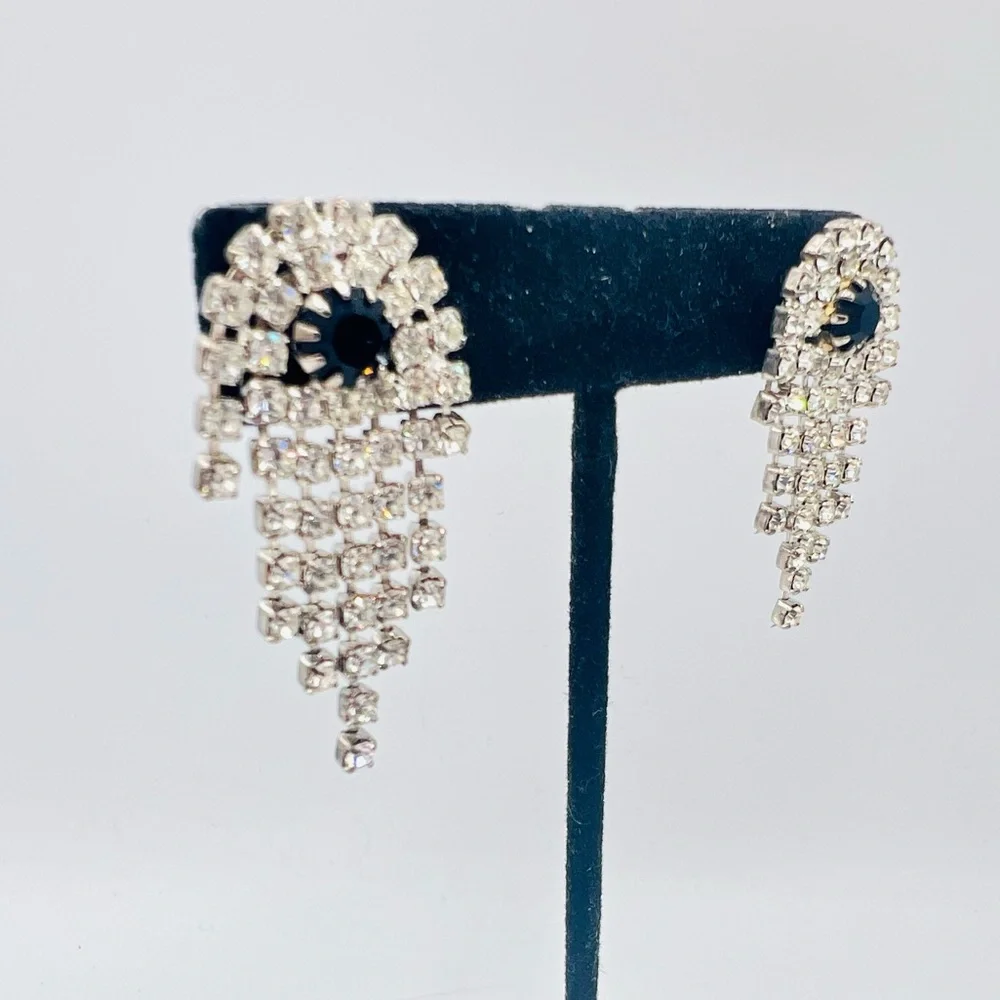 Vintage silver rhinestone fringe pierced earrings black accent dangles unique